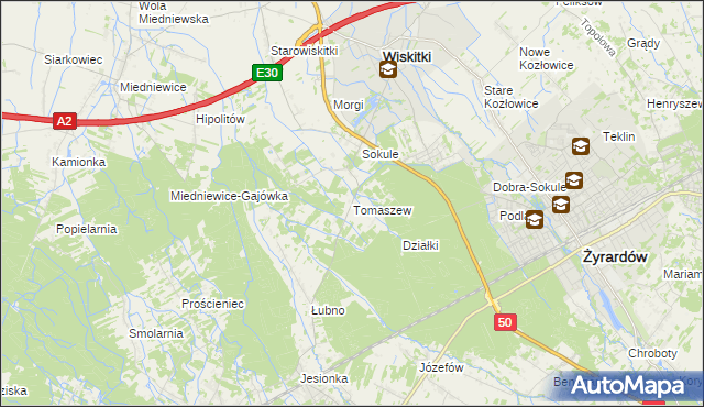 mapa Tomaszew gmina Wiskitki, Tomaszew gmina Wiskitki na mapie Targeo