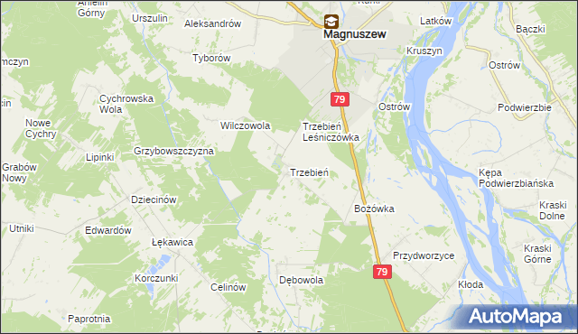 mapa Trzebień gmina Magnuszew, Trzebień gmina Magnuszew na mapie Targeo
