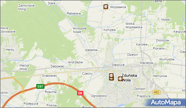 mapa Tymienice gmina Zduńska Wola, Tymienice gmina Zduńska Wola na mapie Targeo