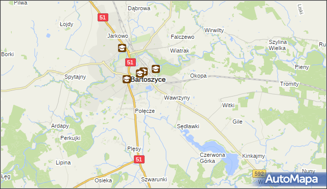 mapa Wawrzyny gmina Bartoszyce, Wawrzyny gmina Bartoszyce na mapie Targeo