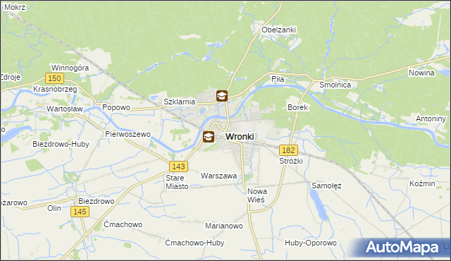 mapa Wronki powiat szamotulski, Wronki powiat szamotulski na mapie Targeo