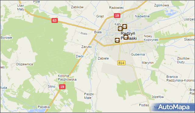 mapa Zabiele gmina Radzyń Podlaski, Zabiele gmina Radzyń Podlaski na mapie Targeo