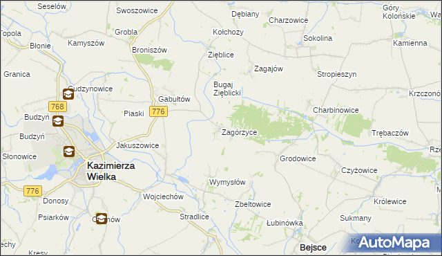 mapa Zagórzyce gmina Kazimierza Wielka, Zagórzyce gmina Kazimierza Wielka na mapie Targeo