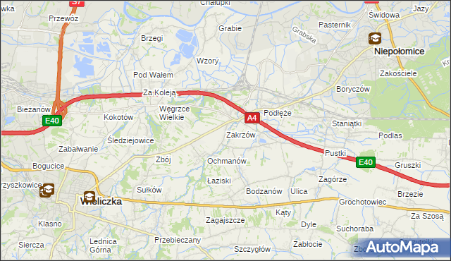 mapa Zakrzów gmina Niepołomice, Zakrzów gmina Niepołomice na mapie Targeo