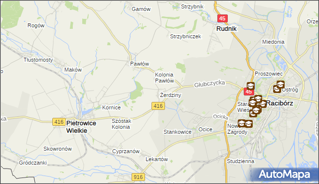 mapa Żerdziny gmina Pietrowice Wielkie, Żerdziny gmina Pietrowice Wielkie na mapie Targeo