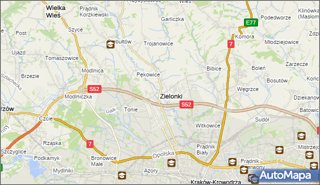 mapa Zielonki powiat krakowski, Zielonki powiat krakowski na mapie Targeo