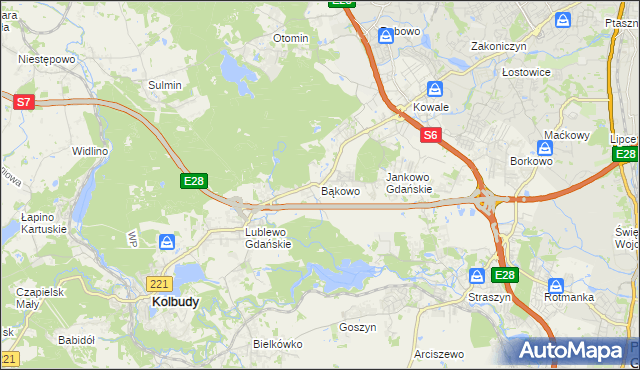 mapa Bąkowo gmina Kolbudy, Bąkowo gmina Kolbudy na mapie Targeo