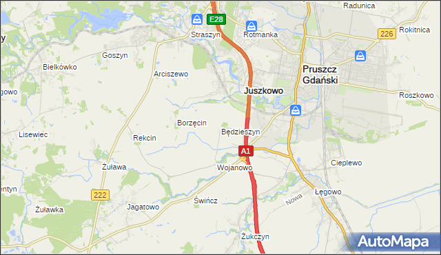 mapa Będzieszyn gmina Pruszcz Gdański, Będzieszyn gmina Pruszcz Gdański na mapie Targeo