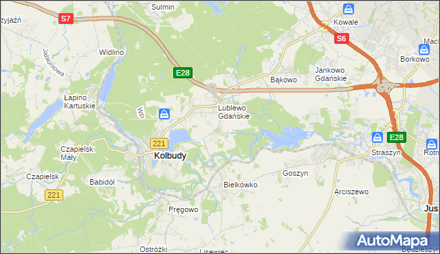 mapa Bielkowo gmina Kolbudy, Bielkowo gmina Kolbudy na mapie Targeo