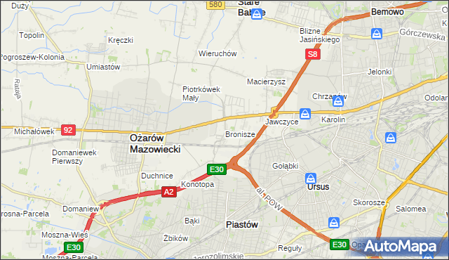 mapa Bronisze gmina Ożarów Mazowiecki, Bronisze gmina Ożarów Mazowiecki na mapie Targeo