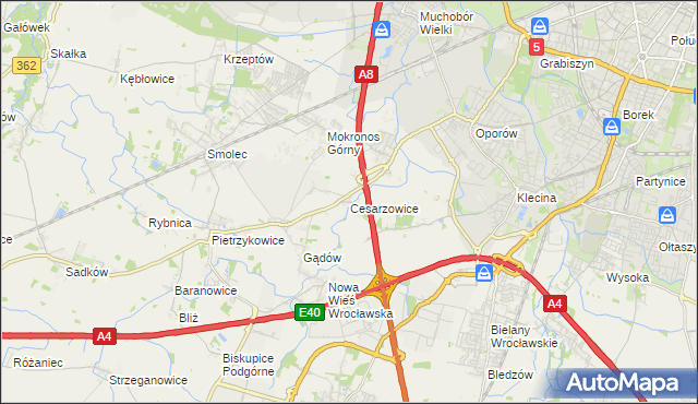 mapa Cesarzowice gmina Kąty Wrocławskie, Cesarzowice gmina Kąty Wrocławskie na mapie Targeo