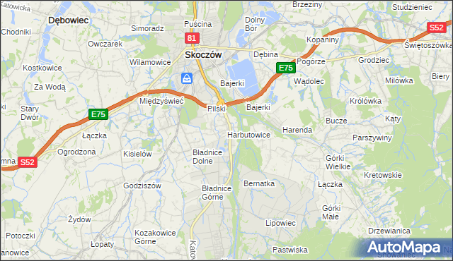 mapa Harbutowice gmina Skoczów, Harbutowice gmina Skoczów na mapie Targeo