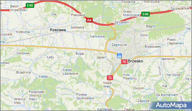 mapa Jasień gmina Brzesko, Jasień gmina Brzesko na mapie Targeo