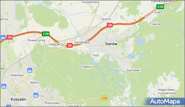 mapa Kłos gmina Sianów, Kłos gmina Sianów na mapie Targeo