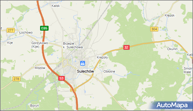 mapa Krężoły gmina Sulechów, Krężoły gmina Sulechów na mapie Targeo