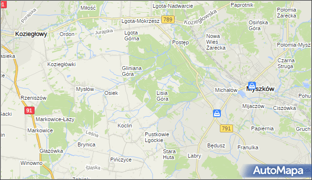 mapa Lisia Góra gmina Koziegłowy, Lisia Góra gmina Koziegłowy na mapie Targeo