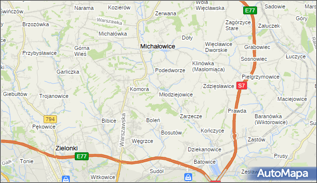 mapa Młodziejowice gmina Michałowice, Młodziejowice gmina Michałowice na mapie Targeo