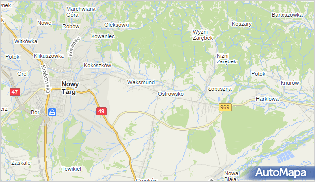 mapa Ostrowsko gmina Nowy Targ, Ostrowsko gmina Nowy Targ na mapie Targeo