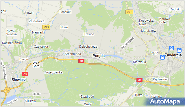 mapa Poręba powiat zawierciański, Poręba powiat zawierciański na mapie Targeo