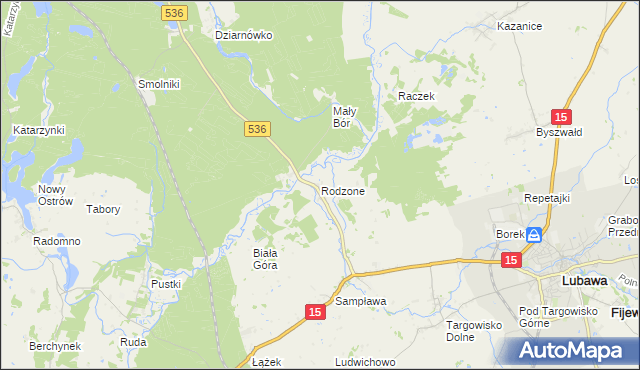 mapa Rodzone gmina Lubawa, Rodzone gmina Lubawa na mapie Targeo