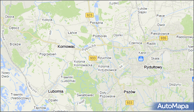 mapa Rzuchów gmina Kornowac, Rzuchów gmina Kornowac na mapie Targeo