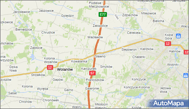 mapa Sławno gmina Wolanów, Sławno gmina Wolanów na mapie Targeo