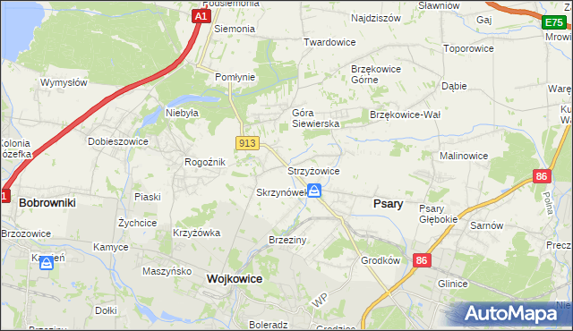 mapa Strzyżowice gmina Psary, Strzyżowice gmina Psary na mapie Targeo