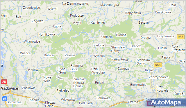 mapa Wysoka gmina Wadowice, Wysoka gmina Wadowice na mapie Targeo