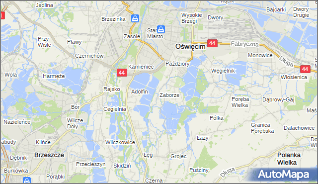 mapa Zaborze gmina Oświęcim, Zaborze gmina Oświęcim na mapie Targeo