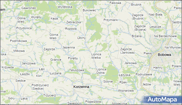 mapa Lipnica Wielka gmina Korzenna, Lipnica Wielka gmina Korzenna na mapie Targeo