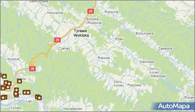 mapa Rakowa gmina Tyrawa Wołoska, Rakowa gmina Tyrawa Wołoska na mapie Targeo