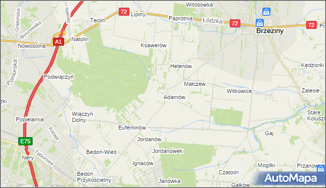 mapa Adamów gmina Brzeziny, Adamów gmina Brzeziny na mapie Targeo