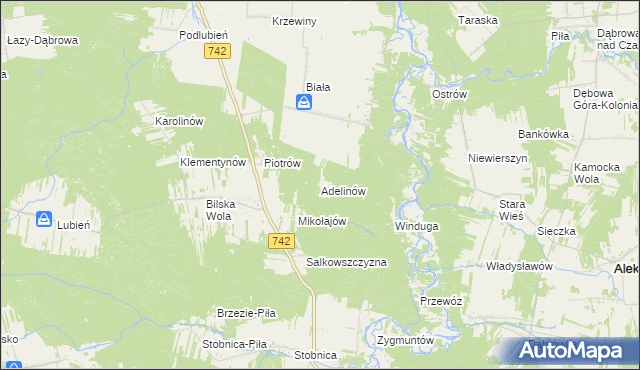 mapa Adelinów gmina Sulejów, Adelinów gmina Sulejów na mapie Targeo