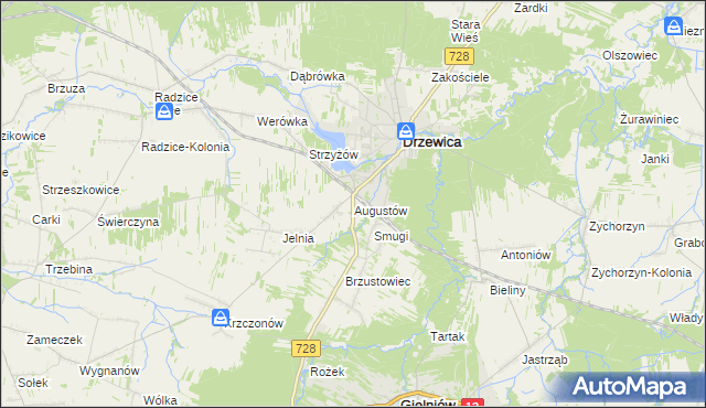 mapa Augustów gmina Drzewica, Augustów gmina Drzewica na mapie Targeo