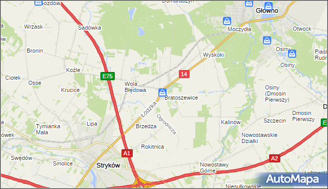 mapa Bratoszewice, Bratoszewice na mapie Targeo