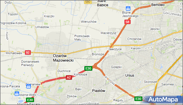 mapa Bronisze gmina Ożarów Mazowiecki, Bronisze gmina Ożarów Mazowiecki na mapie Targeo