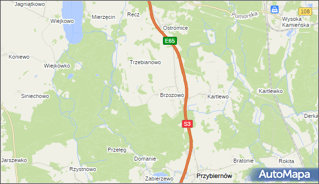 mapa Brzozowo gmina Przybiernów, Brzozowo gmina Przybiernów na mapie Targeo