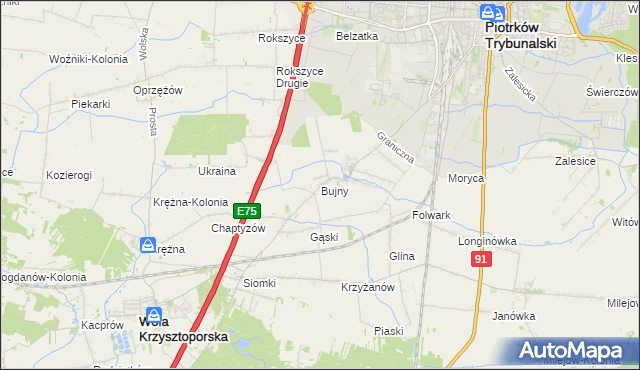 mapa Bujny gmina Wola Krzysztoporska, Bujny gmina Wola Krzysztoporska na mapie Targeo