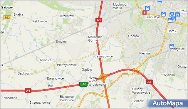 mapa Cesarzowice gmina Kąty Wrocławskie, Cesarzowice gmina Kąty Wrocławskie na mapie Targeo