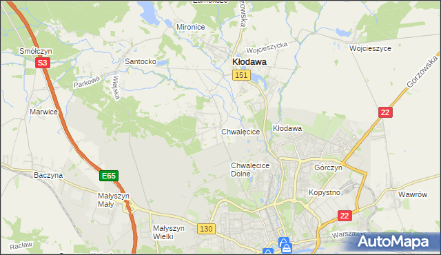 mapa Chwalęcice gmina Kłodawa, Chwalęcice gmina Kłodawa na mapie Targeo