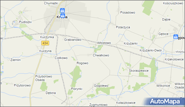 mapa Chwałkowo gmina Krobia, Chwałkowo gmina Krobia na mapie Targeo