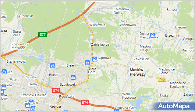 mapa Dąbrowa gmina Masłów, Dąbrowa gmina Masłów na mapie Targeo