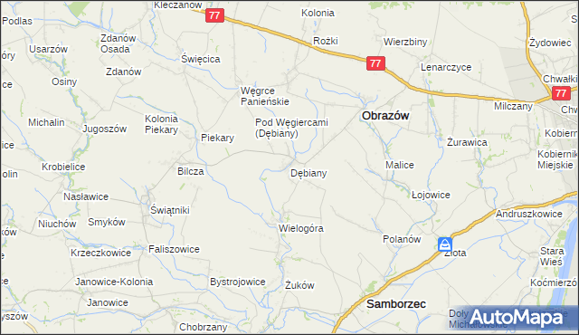 mapa Dębiany gmina Obrazów, Dębiany gmina Obrazów na mapie Targeo