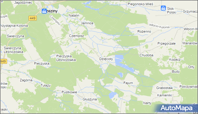 mapa Dzięcioły gmina Brzeziny, Dzięcioły gmina Brzeziny na mapie Targeo