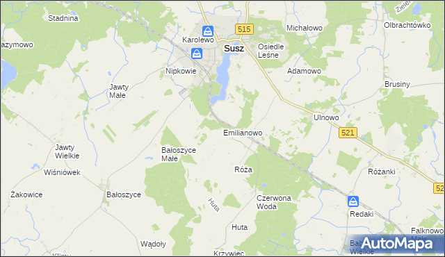 mapa Emilianowo gmina Susz, Emilianowo gmina Susz na mapie Targeo