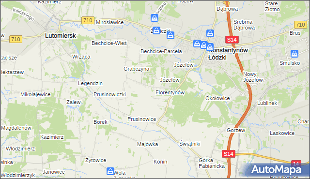 mapa Florentynów gmina Lutomiersk, Florentynów gmina Lutomiersk na mapie Targeo