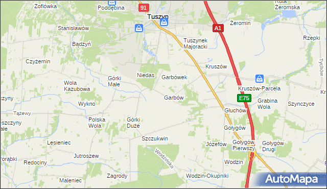 mapa Garbów gmina Tuszyn, Garbów gmina Tuszyn na mapie Targeo