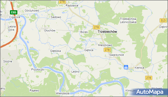 mapa Gębice gmina Trzebiechów, Gębice gmina Trzebiechów na mapie Targeo