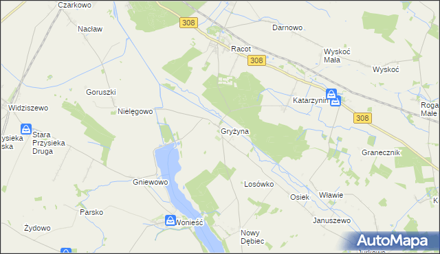 mapa Gryżyna gmina Kościan, Gryżyna gmina Kościan na mapie Targeo