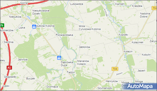 mapa Jabłonów gmina Brzeziny, Jabłonów gmina Brzeziny na mapie Targeo